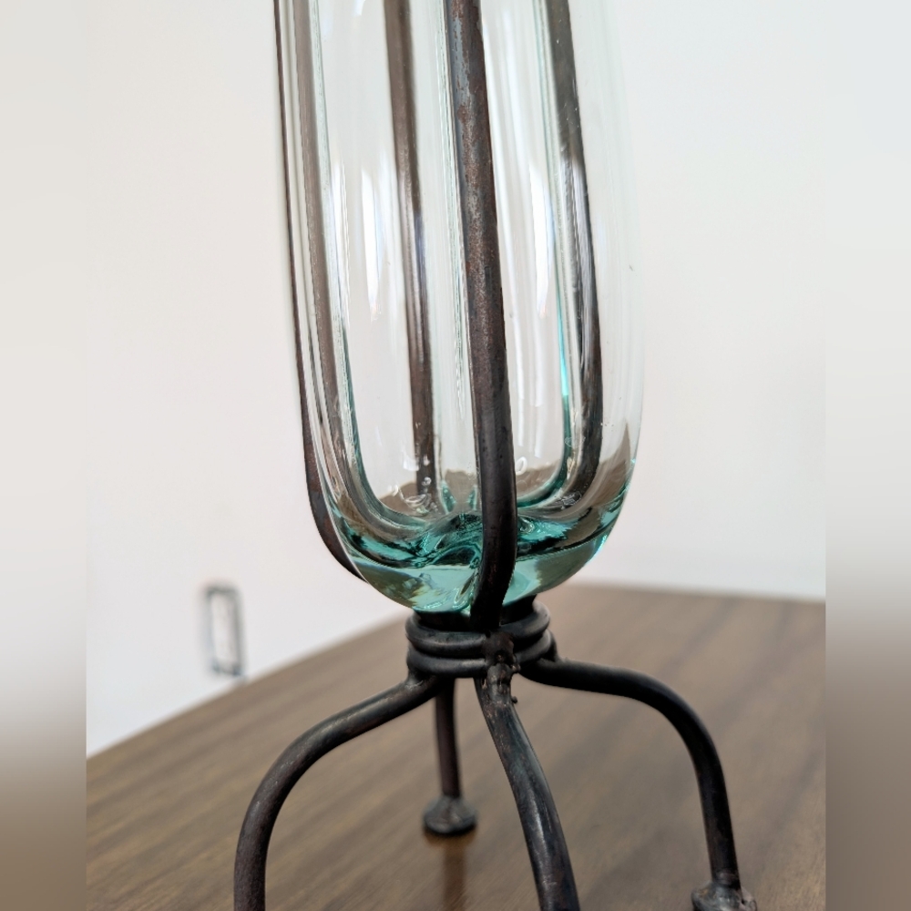 Pair Of Blown Caged Glass & Wrought Iron Metal Footed Vases Industrial Brutalist - Picture 10 of 14